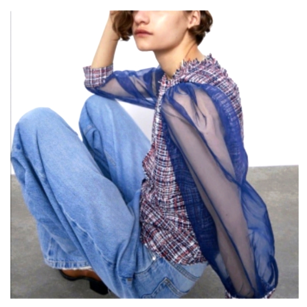 Zara Tweed Organza Puff Sleeve Blouse